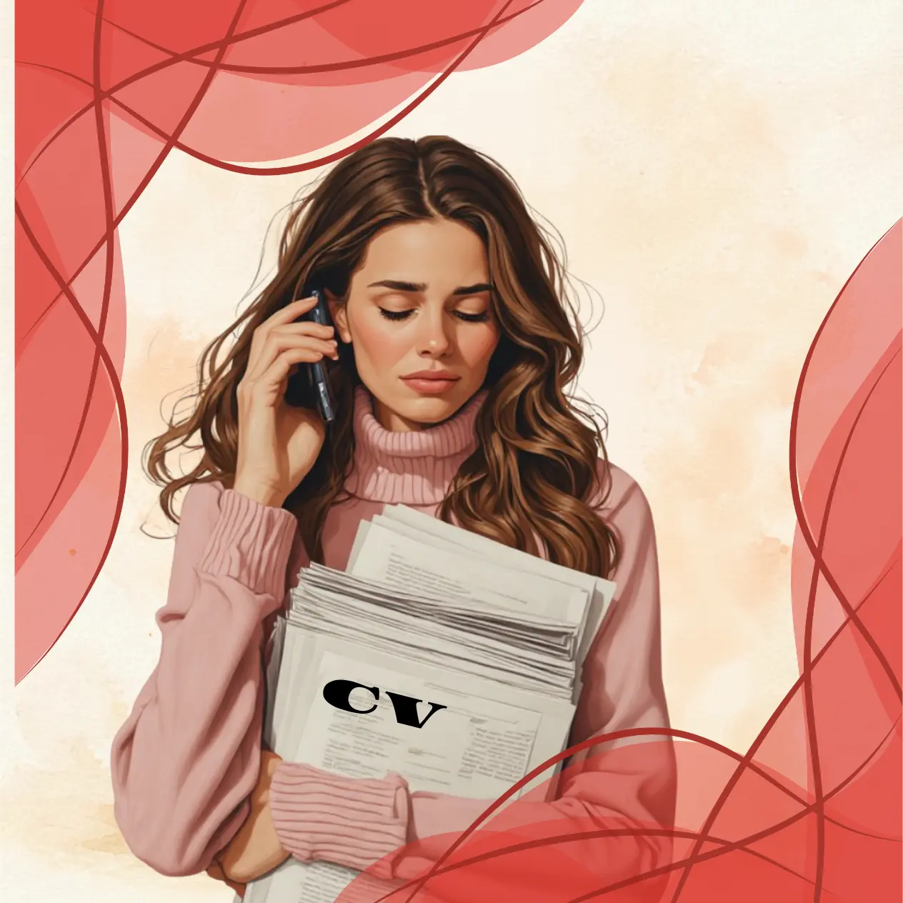 Concerned woman on the phone holding resumes, illustrating job search stress and waiting for interview responses.