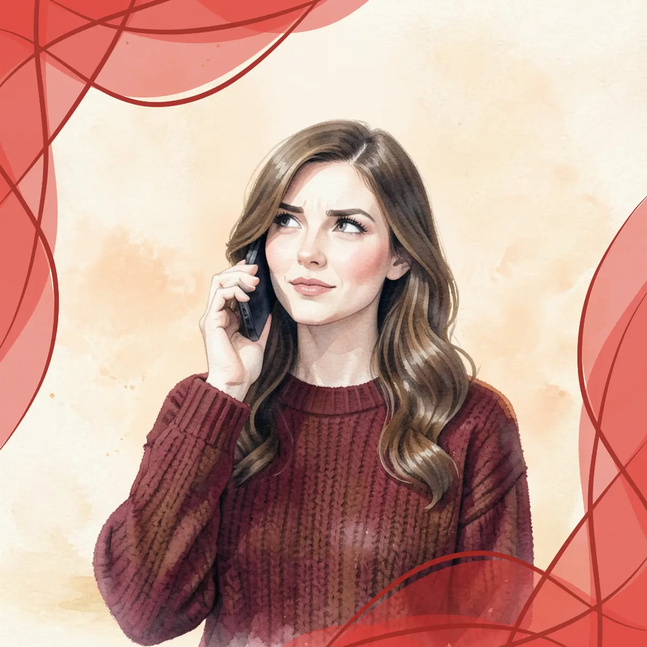 Precise and honest psychic reading: illustration of a skeptical woman on her phone, expecting a genuine and truthful session.