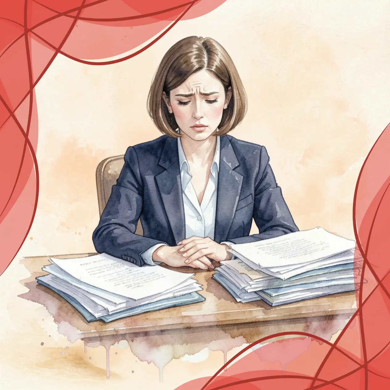 Spiritual guidance and clarity to stop mental exhaustion: watercolor of an overwhelmed business woman sitting at her desk with paperwork.