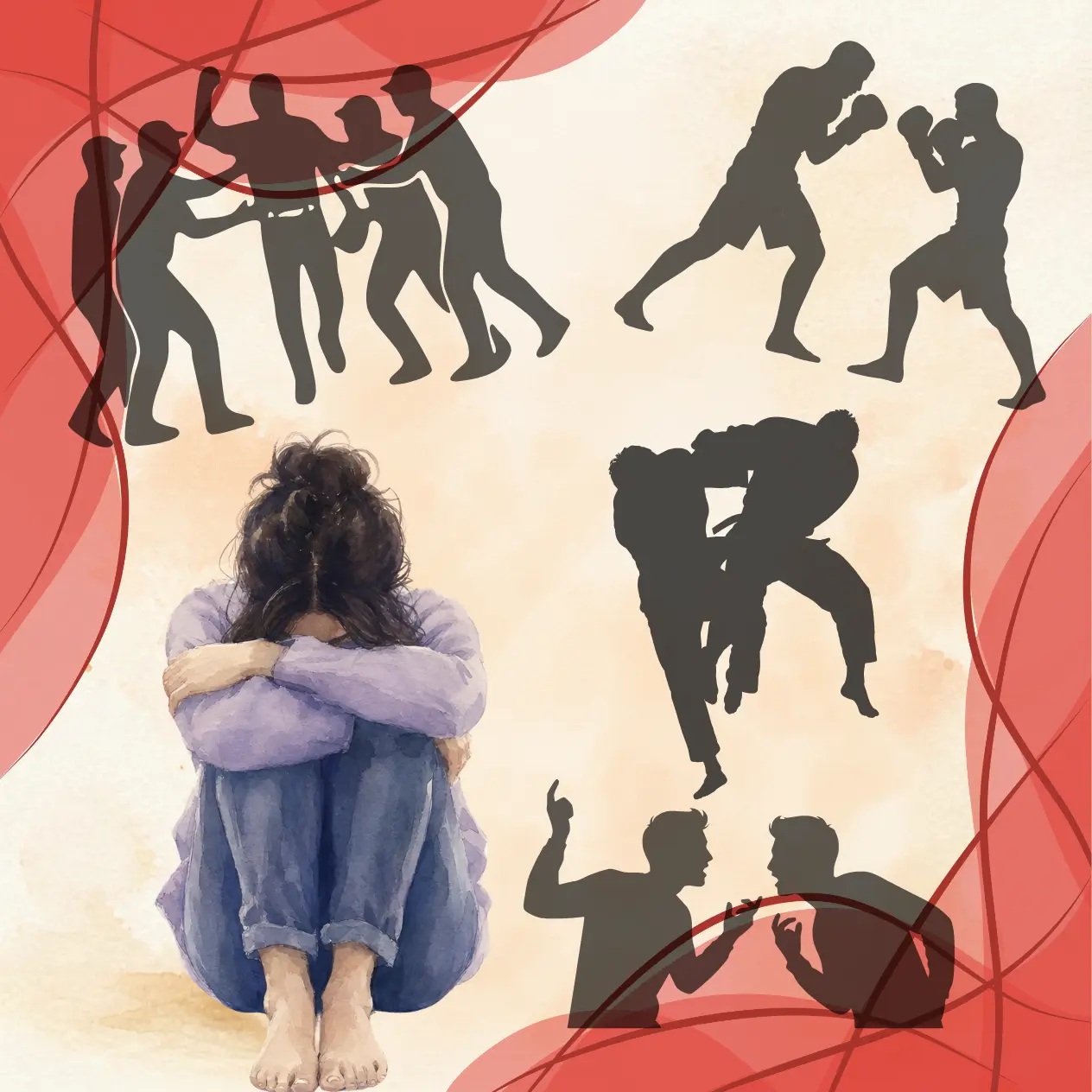 Distressed woman sitting surrounded by arguing silhouettes, illustrating intense family conflict.