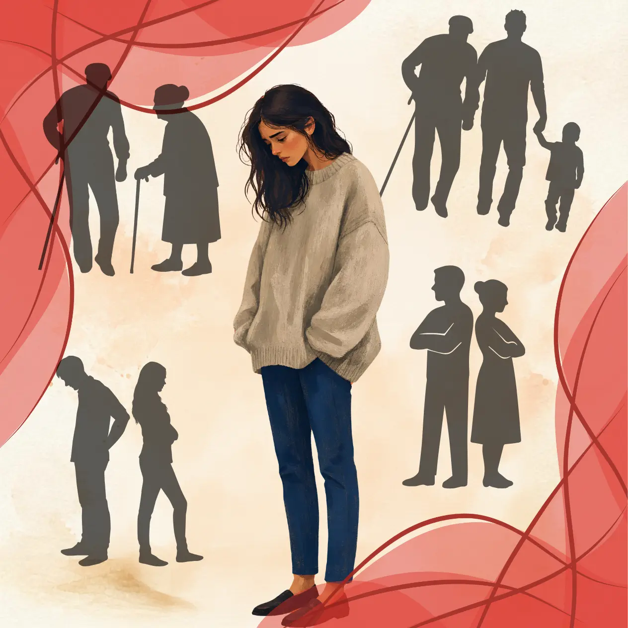 Young woman surrounded by family silhouettes, representing family tensions for a psychic consultation.