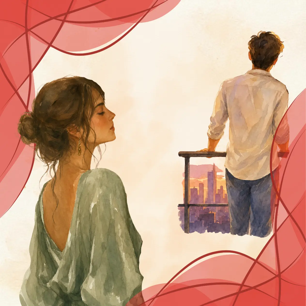 Pensive woman with a man walking away on a balcony, illustrating relationship doubts in a love reading.