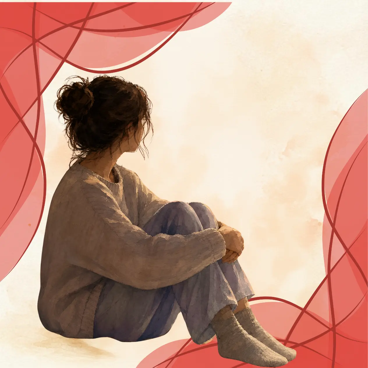 Femme assise en position fœtale repliée sur elle-même, illustrant le travail sur la relation à soi.