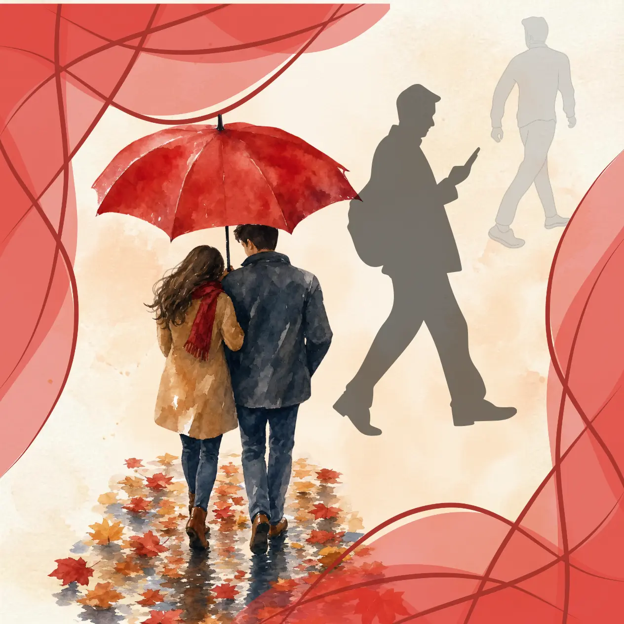 Un couple de dos sous un parapluie rouge avec la silhouette d'un homme qui s'éloigne, évoquant une rupture amoureuse.