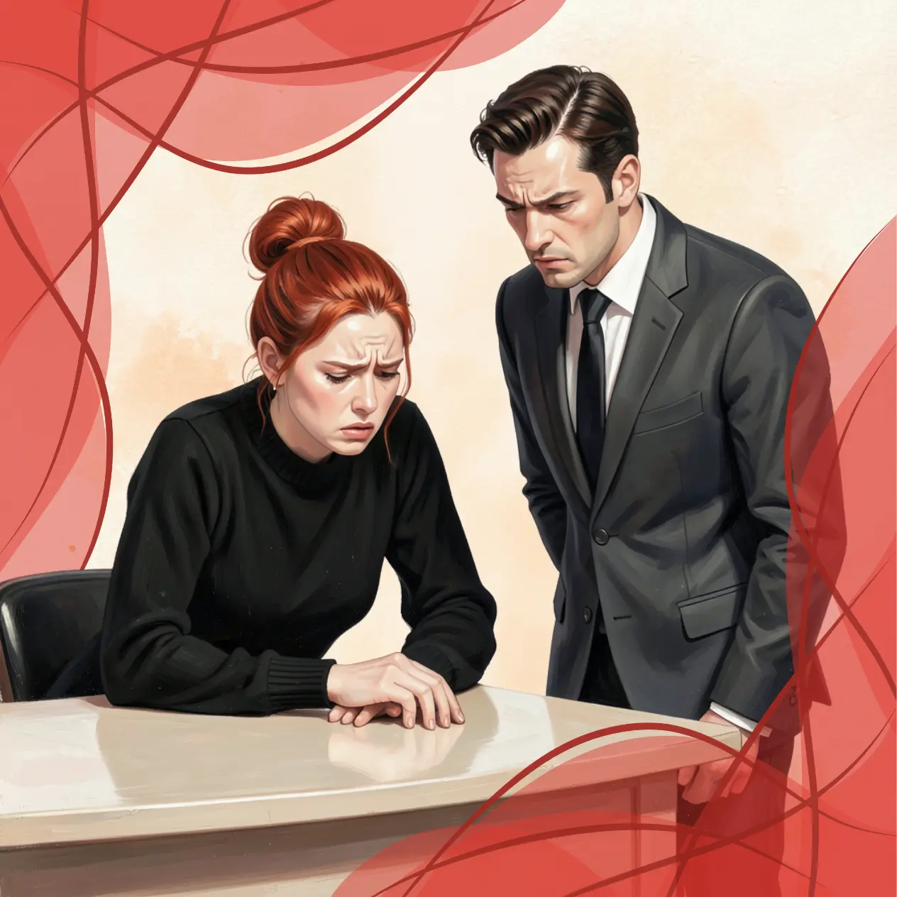 Femme en détresse au bureau face à un supérieur intimidant, illustrant un environnement de travail toxique et le harcèlement managérial.