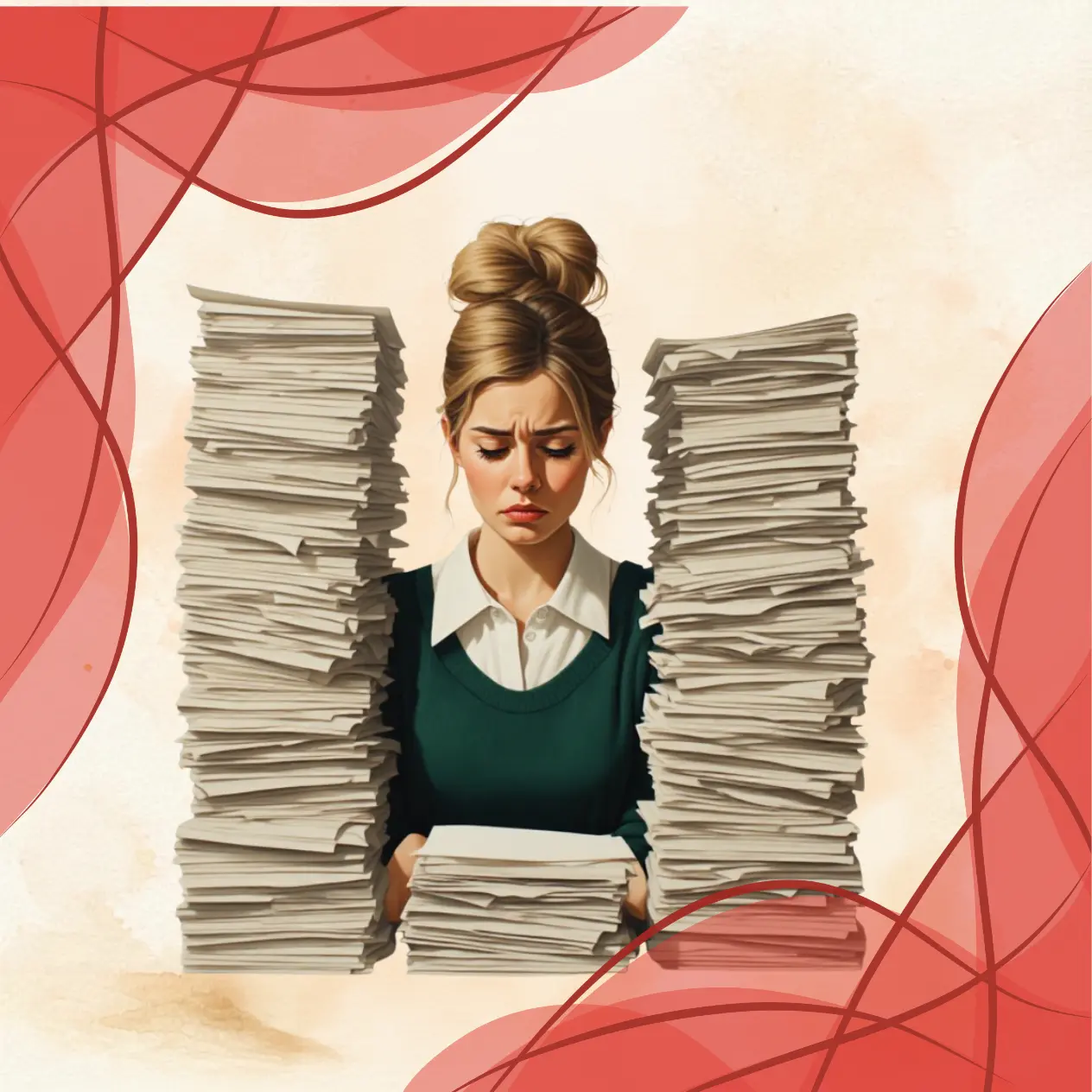 Femme découragée au bureau entourée de piles de dossiers, illustrant un blocage professionnel, la stagnation de carrière et la frustration.