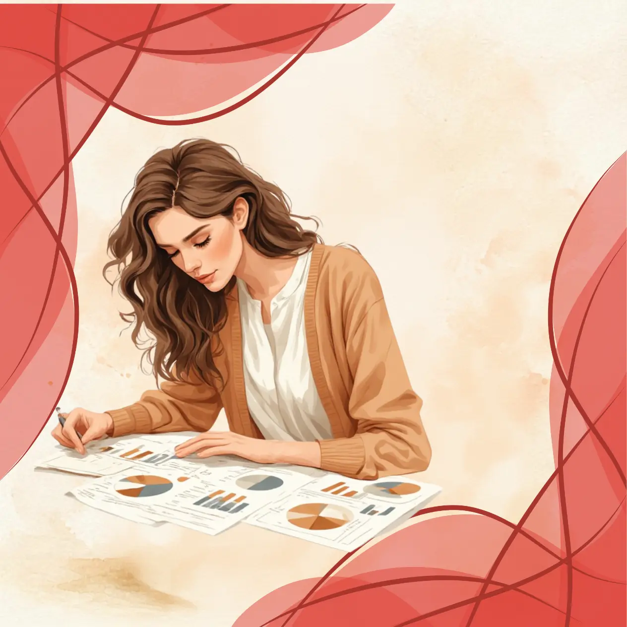 Femme concentrée analysant des graphiques financiers à son bureau, illustrant l'intuition professionnelle et la stratégie.