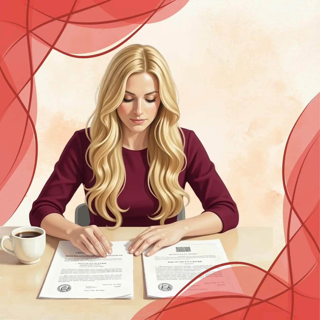 Femme hésitant entre deux contrats de travail à son bureau, illustrant le choix de carrière et la prise de décision professionnelle.