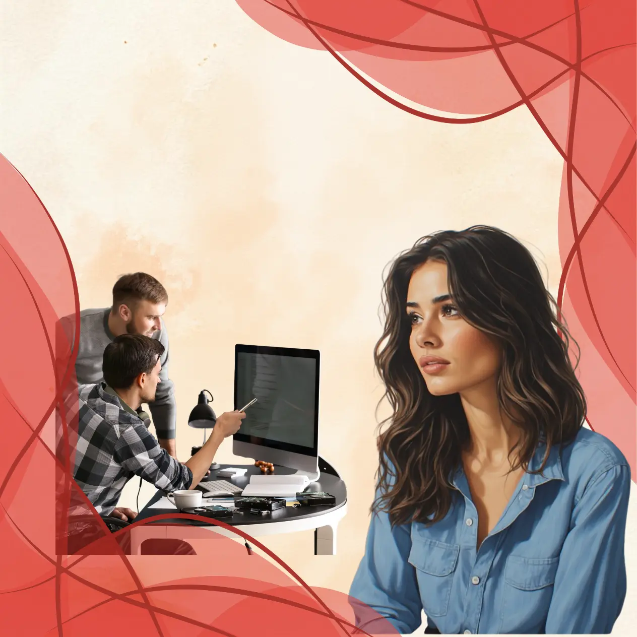 Femme pensive au premier plan dans un bureau avec des collègues travaillant en arrière-plan, illustrant les relations de travail et l'ambiance en entreprise.