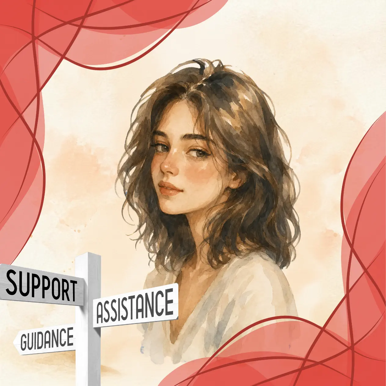 Femme devant des panneaux indicateurs mentionnant soutien, assistance et accompagnement, illustrant une réorientation de carrière.
