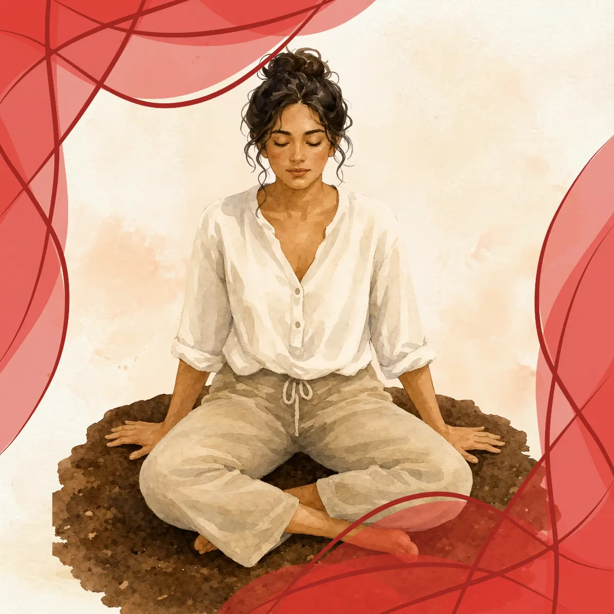 Révéler l'angle mort et la zone floue des décisions : aquarelle d'une femme assise en tailleur, les yeux clos en pleine introspection.