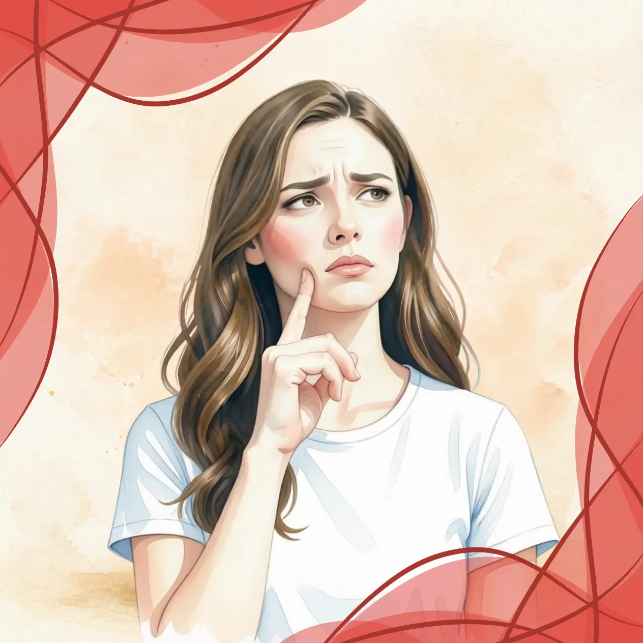 Doutes avant une consultation de voyance : illustration aquarelle d'une femme pensive en t-shirt blanc, hésitante et en pleine réflexion.
