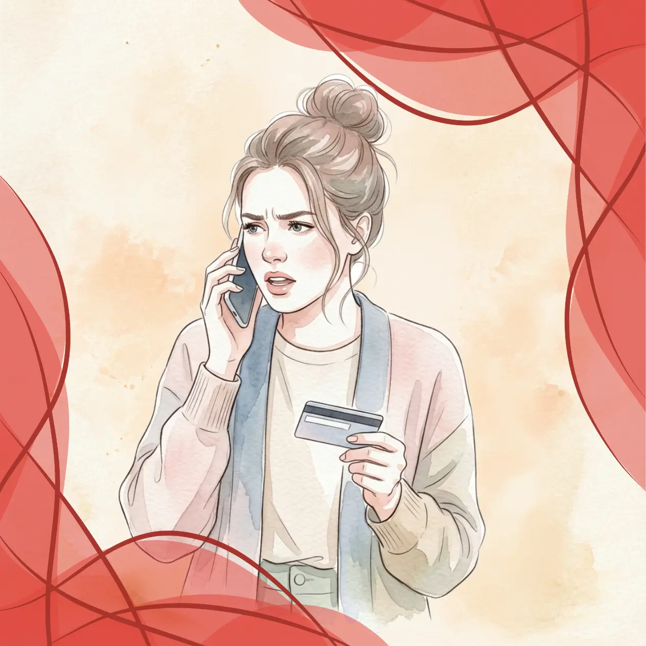 Protection des données et paiement sécurisé : illustration d'une femme au téléphone effectuant une transaction avec sa carte bancaire.