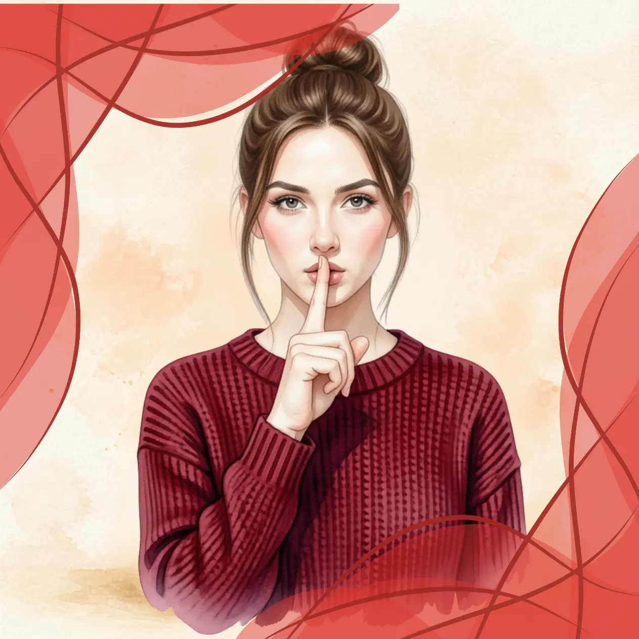 Voyance confidentielle et discrète : illustration aquarelle d'une femme en pull rouge avec le doigt sur la bouche pour le secret.