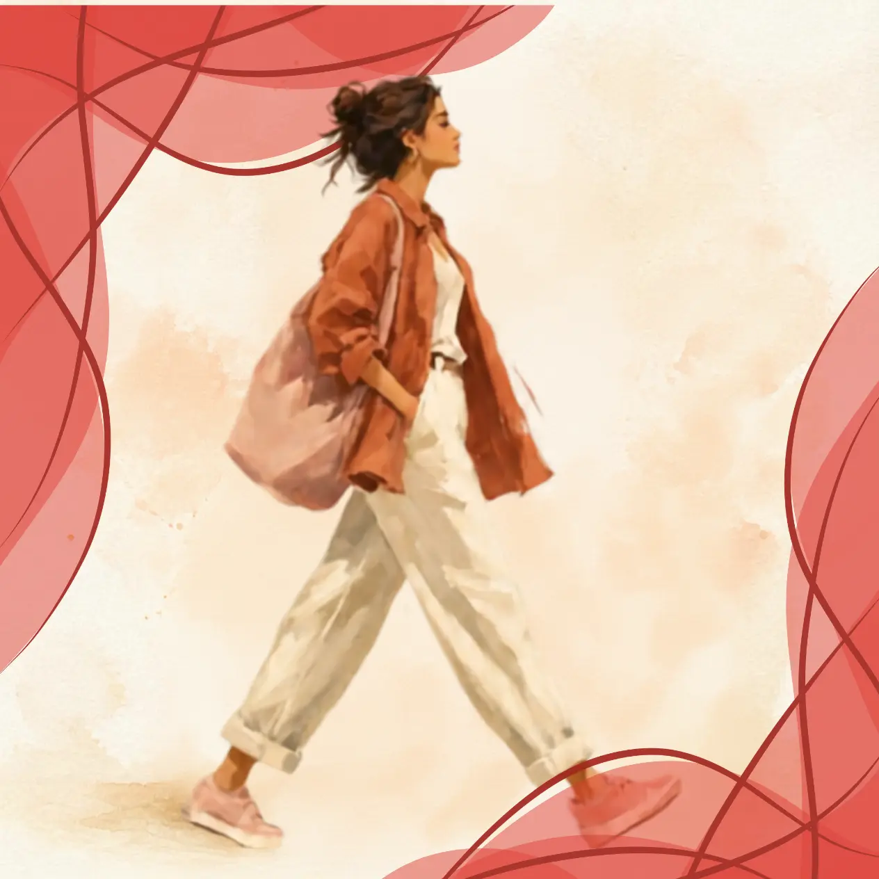 Voyance immédiate et accessible rapidement : illustration aquarelle d'une femme active et pressée marchant d'un pas dynamique.