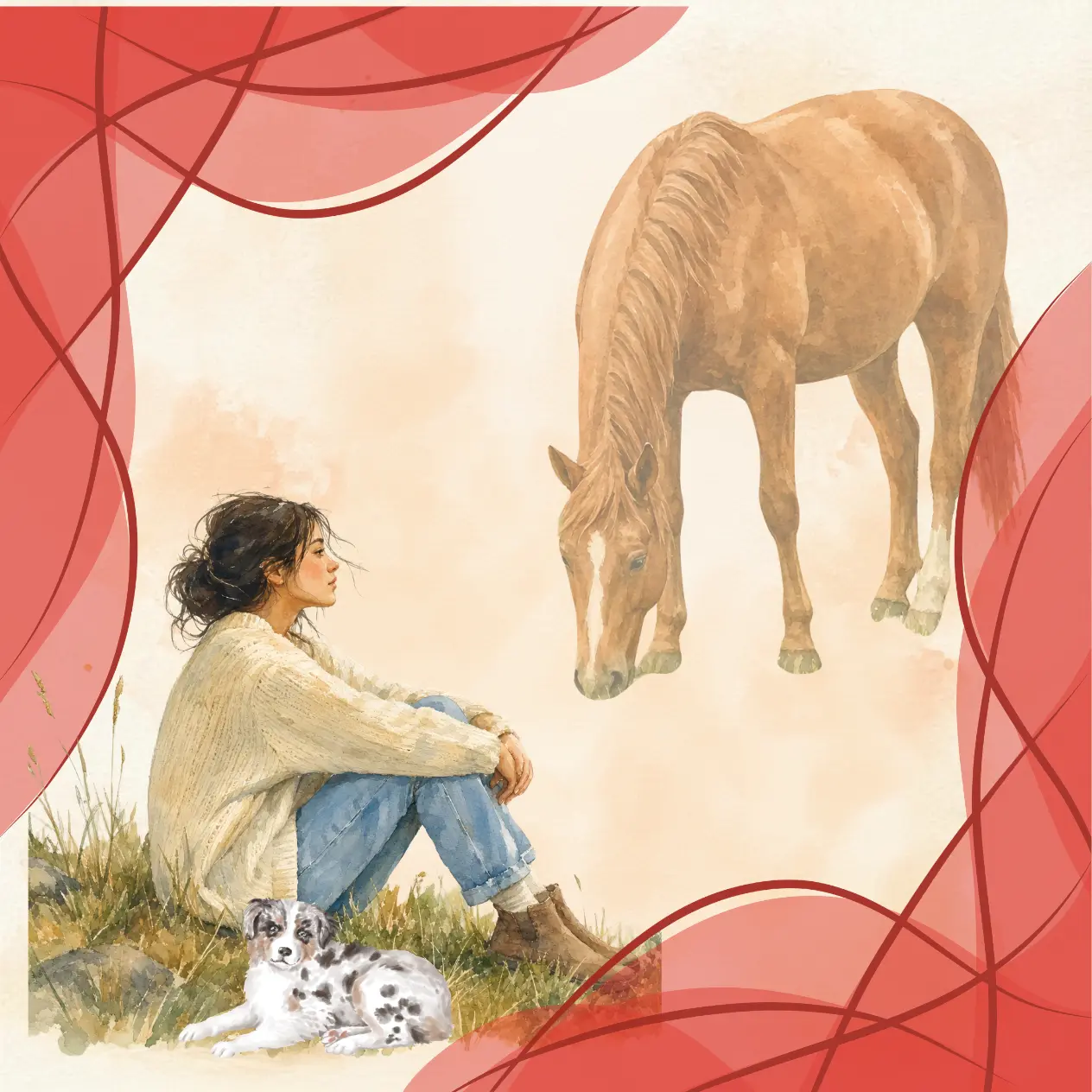 Femme assise dans l’herbe à côté d’un chien berger avec un cheval en arrière-plan, illustrant la connexion de Shana Sol à la nature.