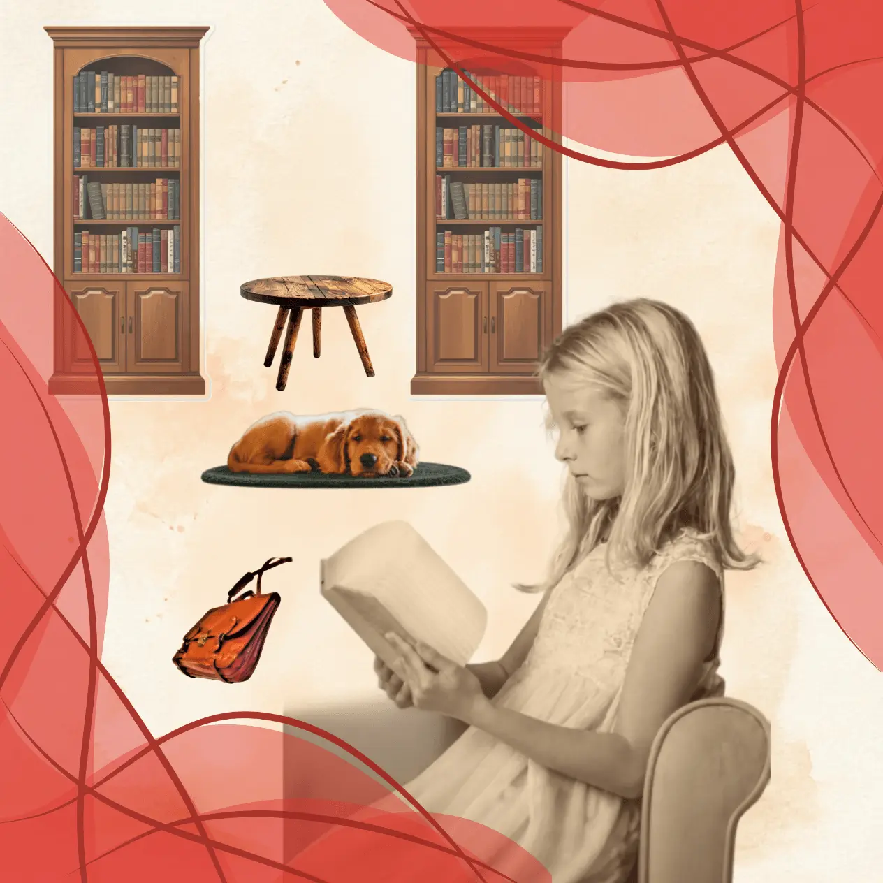 Jeune fille assise lisant un livre dans un fauteuil entourée de bibliothèques et d’un chien couché, évoquant les origines de Shana Sol.