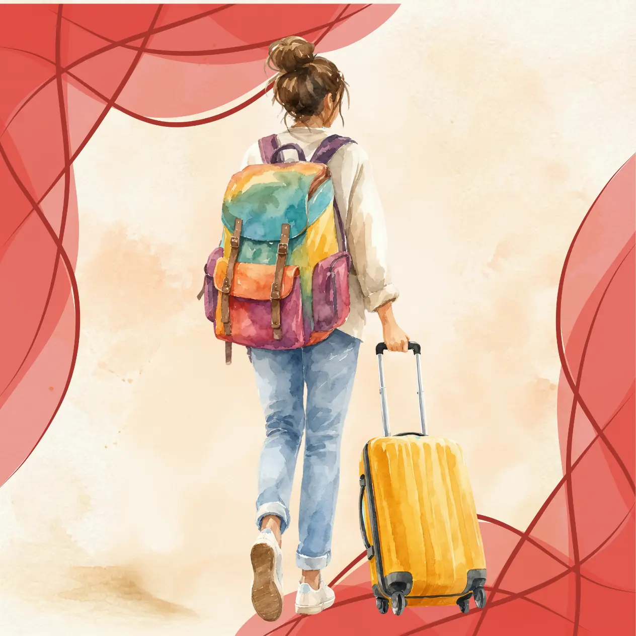 Femme vue de dos portant un sac à dos et tirant une valise jaune, symbolisant le parcours de vie et les voyages de Shana Sol.